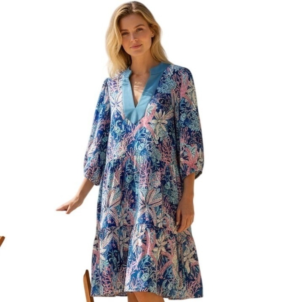 Simply Southern Reef Print Tiered Dress Blue Pink UPF 50+ XL Coastal Starfish - Picture 9 of 10